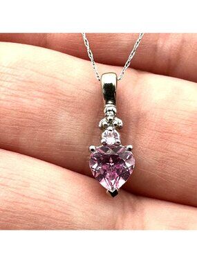 10K White Gold Pink Sapphire Heart Pendant 18 Inch Necklace